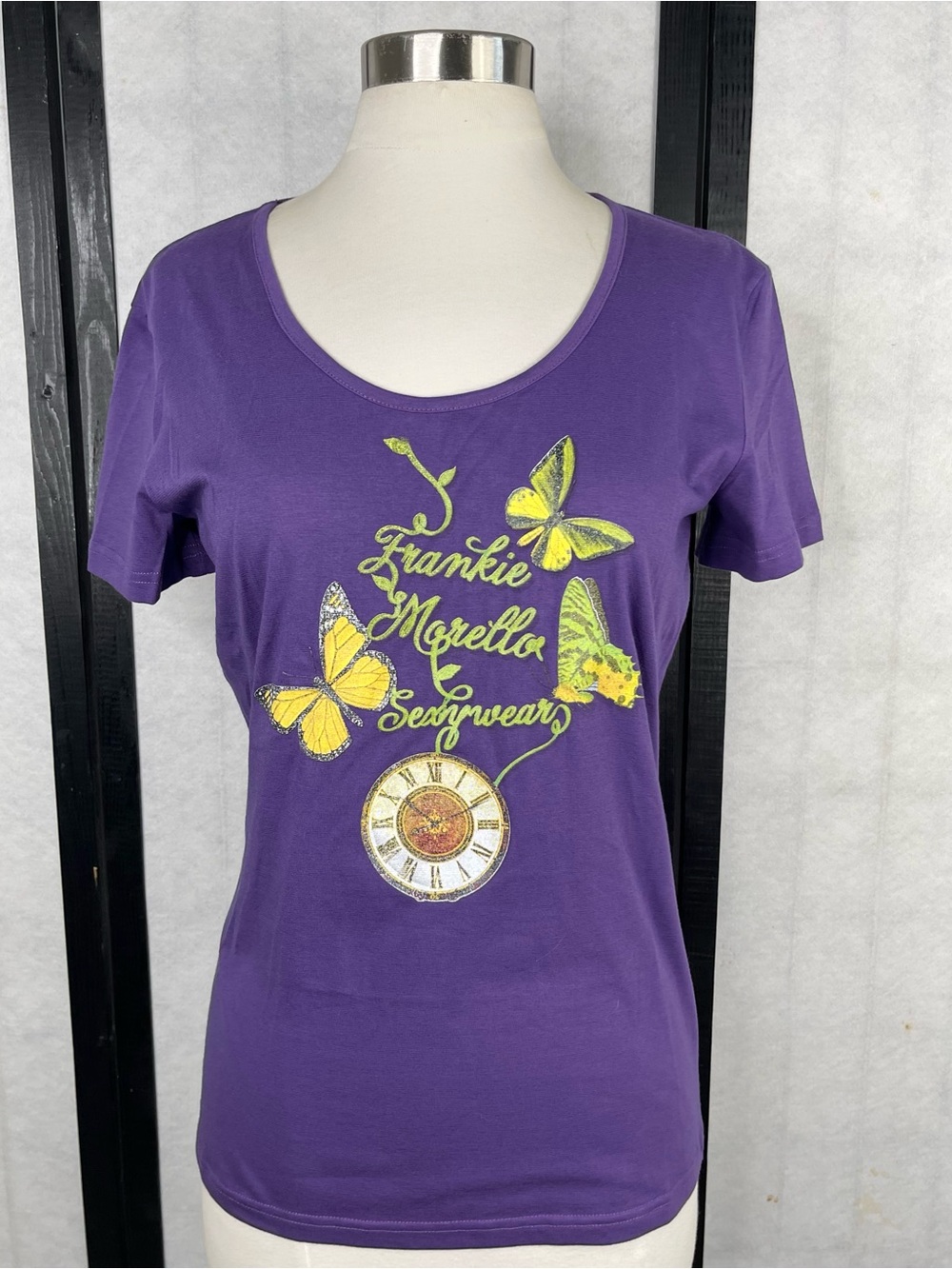 Frankie Morello Purple Tee with Yellow Butterfly and Clock Graphic. XL